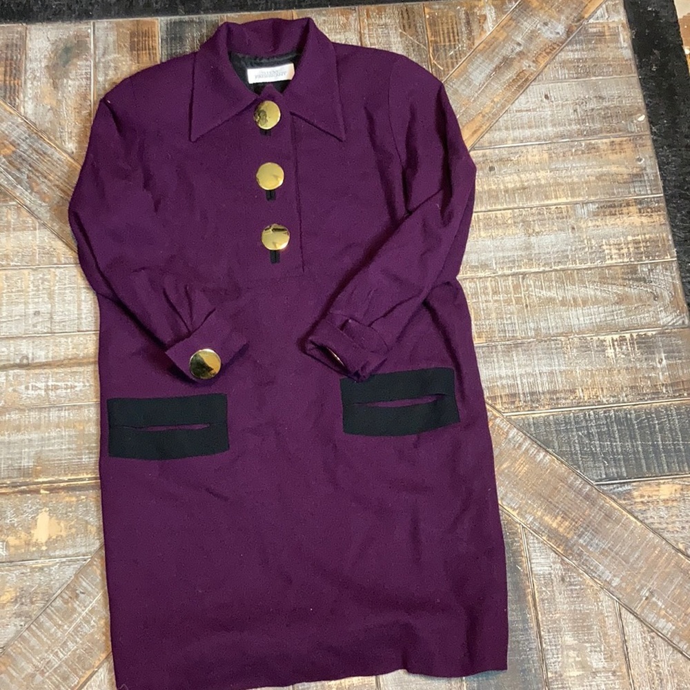 Steve Fabrikant purple dress w/large gold buttons.